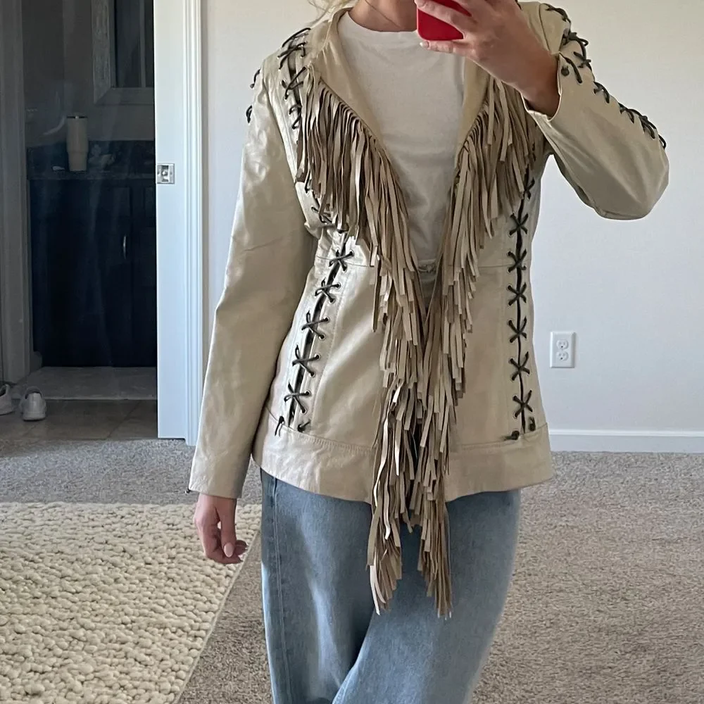 Vintage Lew Magram Collection White Fringe Western Pig Nappa Leather Jacket - Picture 12 of 12